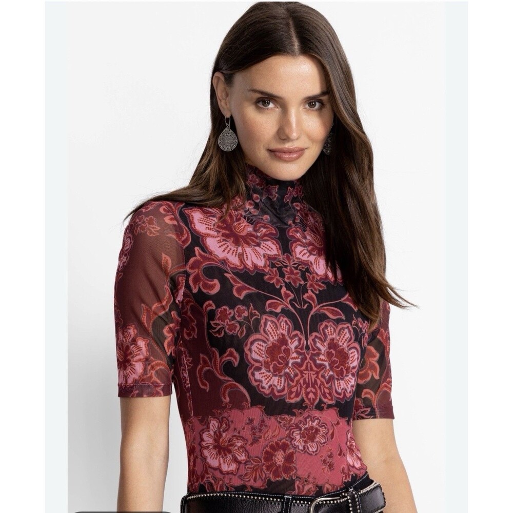 Johnny Was Floral Mesh Mock Neck short Sleeve Shirt Top Slim Fit Size M